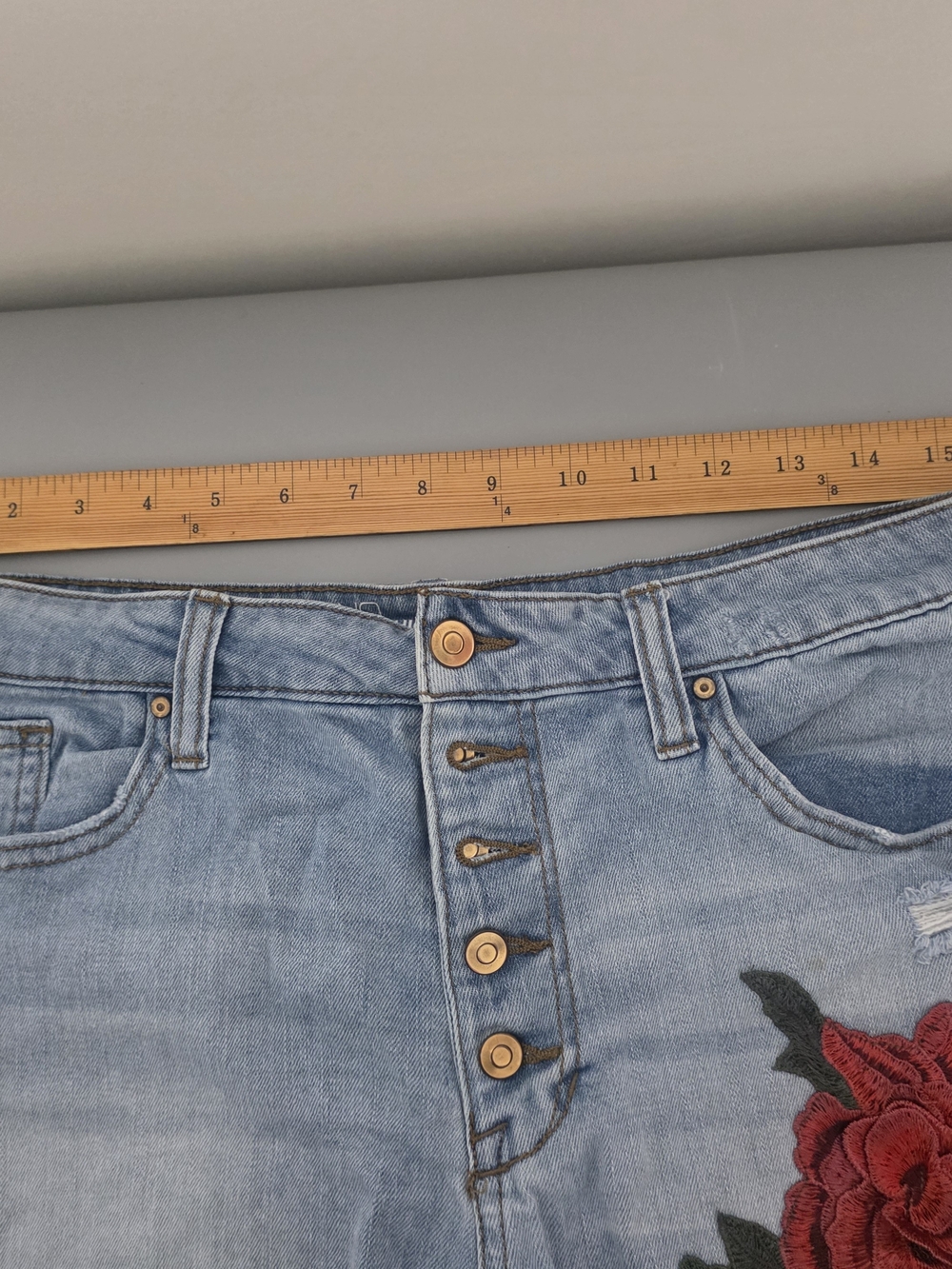 NOBO Light Blue Denim Shorts with Red Rose Appliqué - Picture 8 of 9
